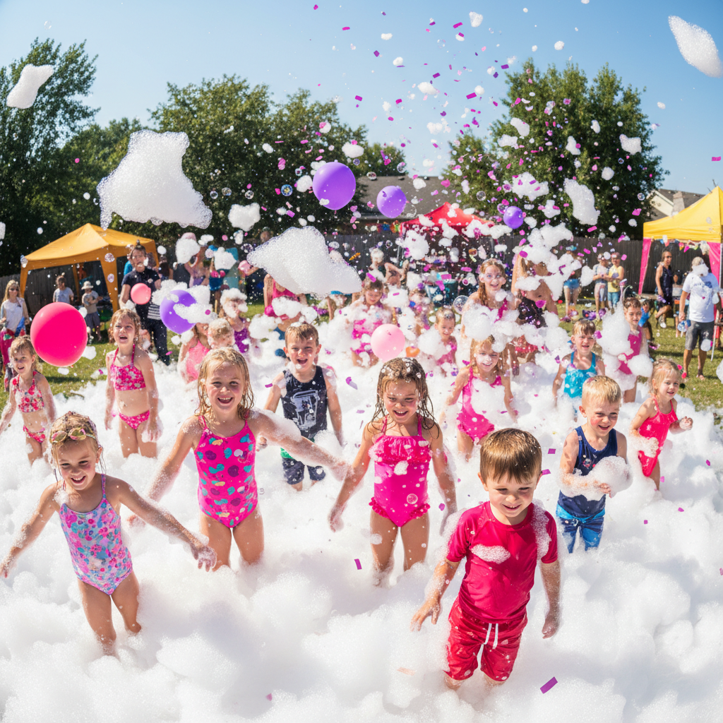 Kids enjoying a colorful foam party